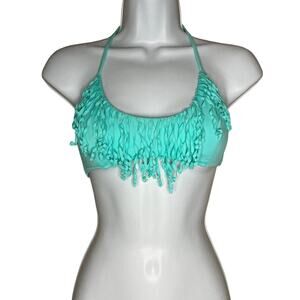 Victoria's Secret Fringe Bikini Top Halter Tie Triangle Boho Padded Aqua Small